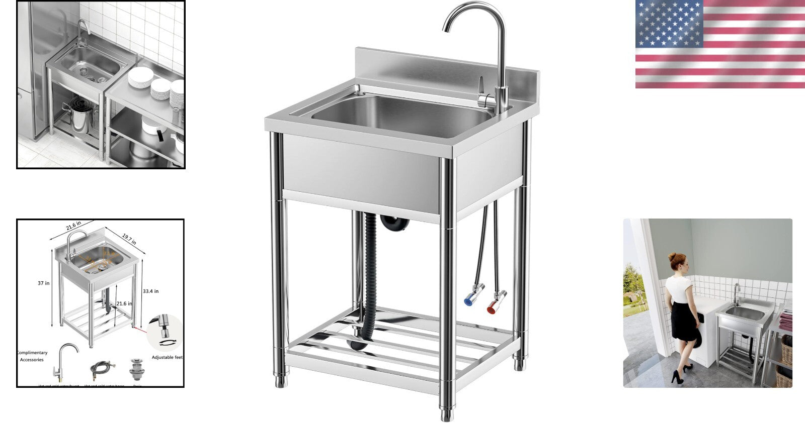 All-in-One 22in Stainless Steel Kitchen Sink Set with Integrated Storage Shelves