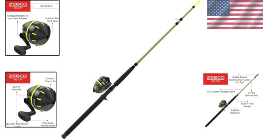Ambidextrous 7'0'' Spincast Rod & Reel Combo with All-Metal Gears, 24 lb Drag