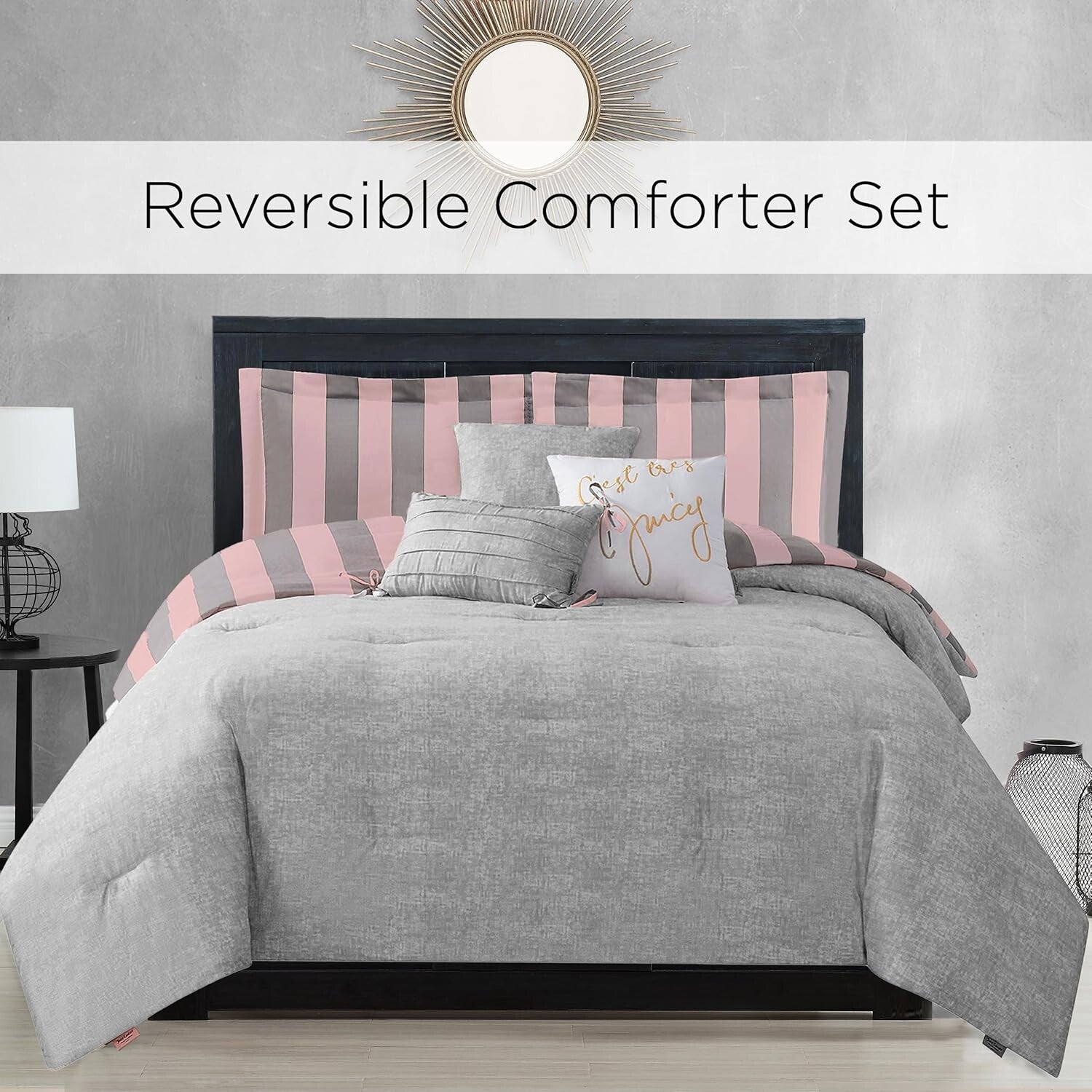 Chic Pink and Grey Strip Comforter Set - Includes 3 Pillows - 6 Piece Queen/Full