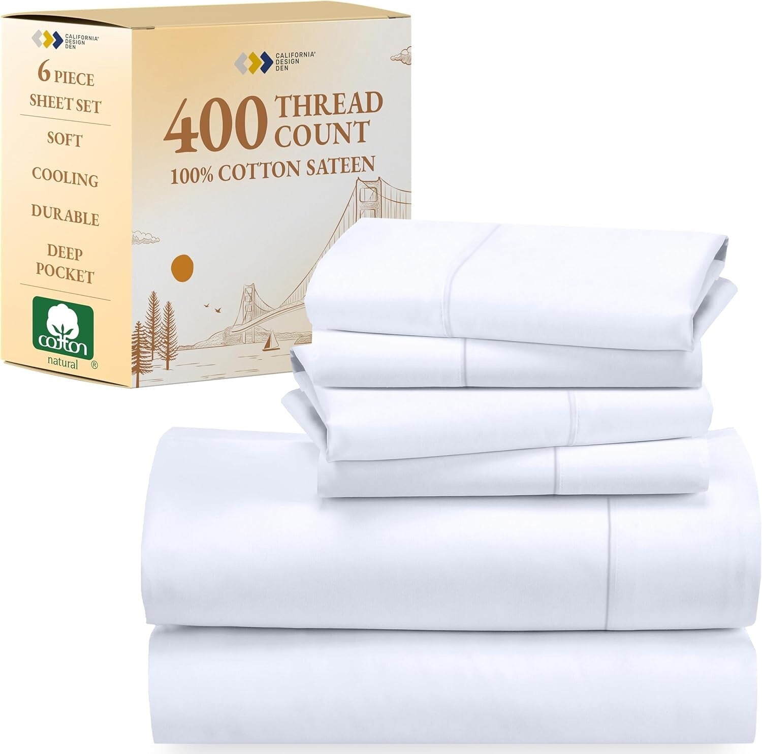 Luxurious 6-Pc King Size Sheet Set - 400 Thread Count 100% Cotton Sateen White