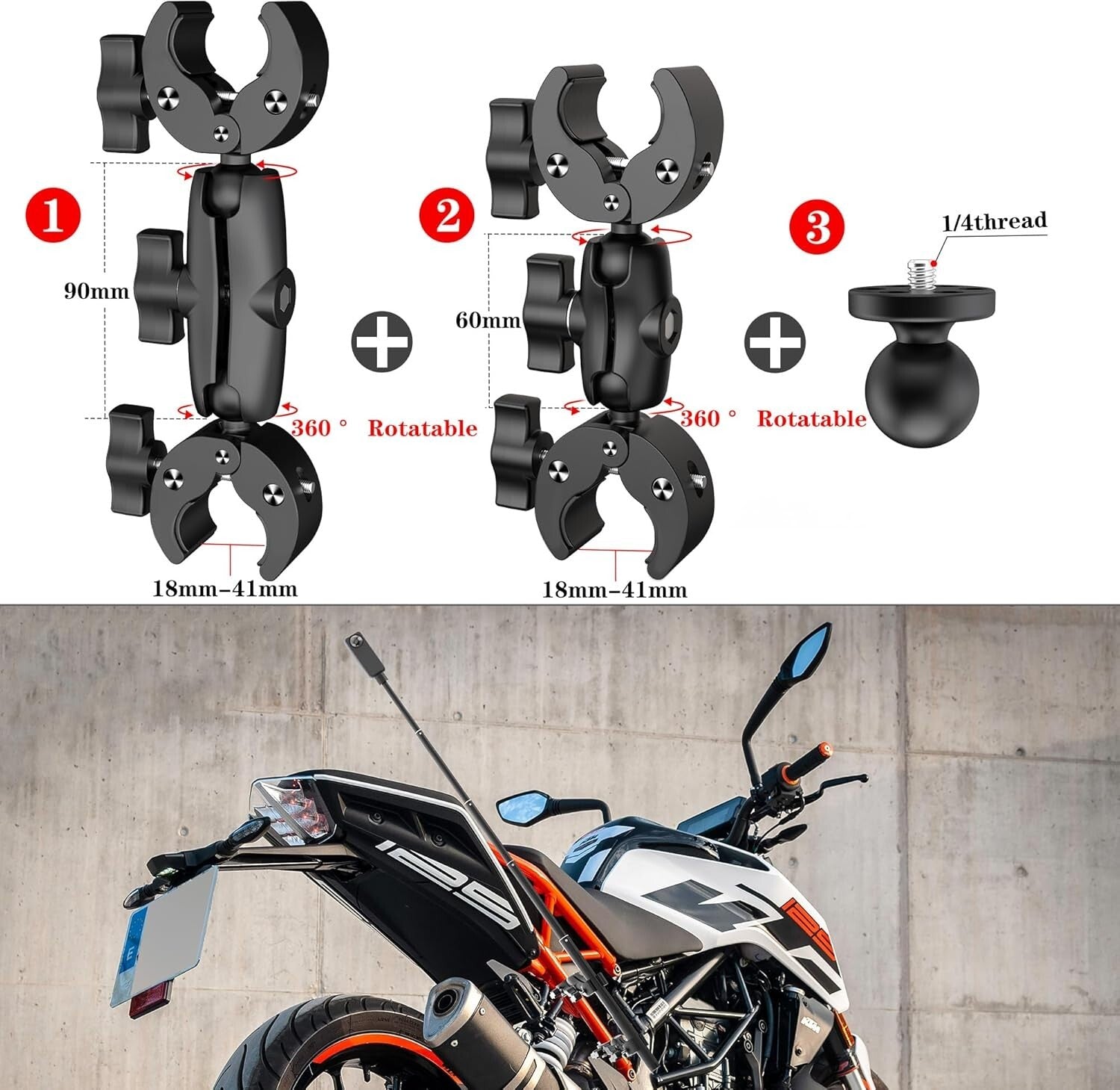 Motorcycle Handlebar Double Clamp Mount with 67" Selfie Stick for Action Cameras