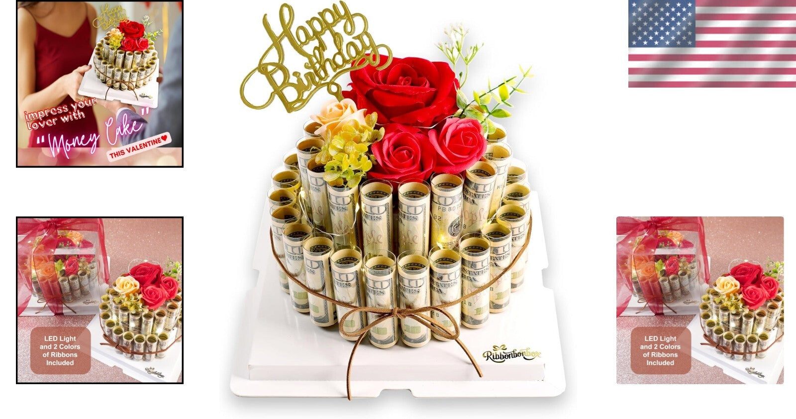 Elegant Money Cake with LED Roses - Charming Gift for Birthdays & Anniversaries