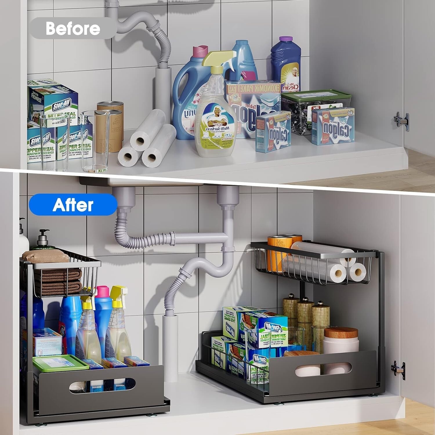 2-Pack Adjustable L-Shape Under Sink Organizer - Rust-Resistant & Multi-Purpose