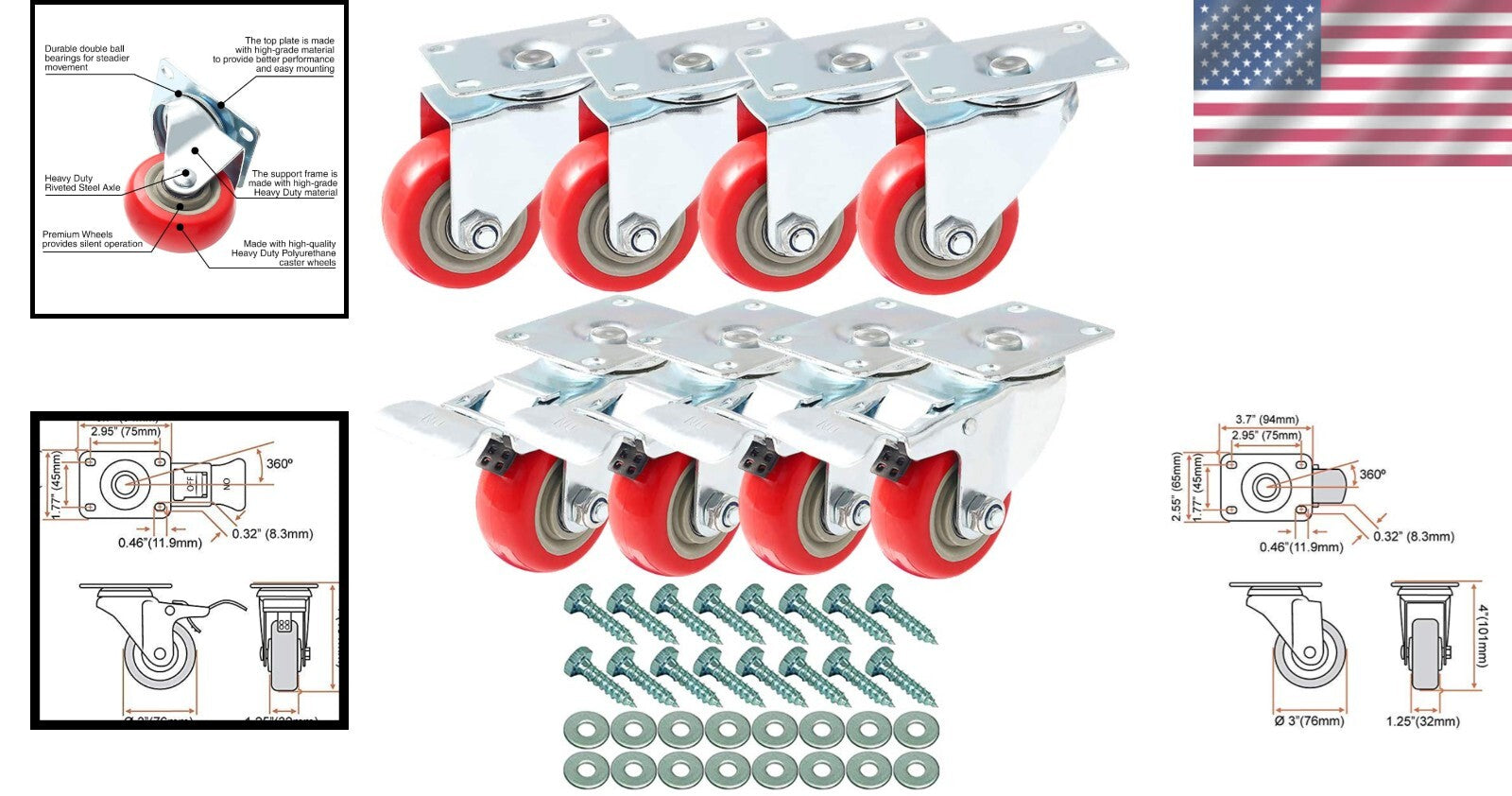 8-Pack 3-Inch Caster Wheels with Brakes - Red Polyurethane for Furniture & Cart