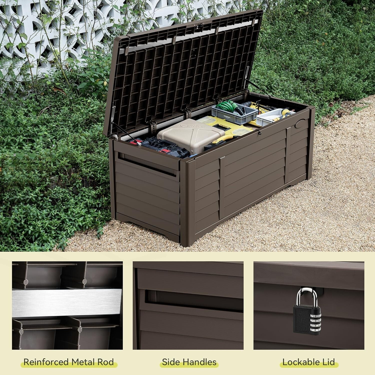 Luxurious 120 Gallon Dark Brown Storage Bench - Perfect for Patios and Pools