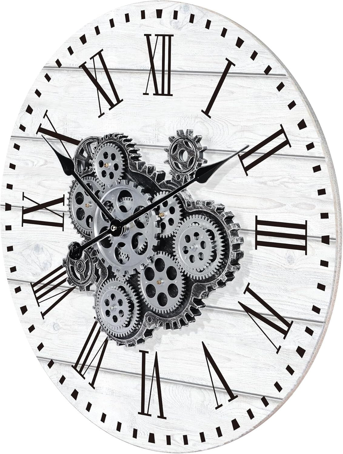 Stylish 23" White Farmhouse Wall Clock with Real Moving Gears for Home Offices