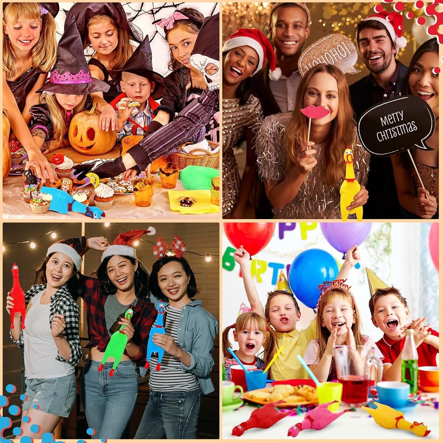 Funny 12'' Rubber Chicken Toy Set - 32 Multi-Colored Squeaky Stress Busters