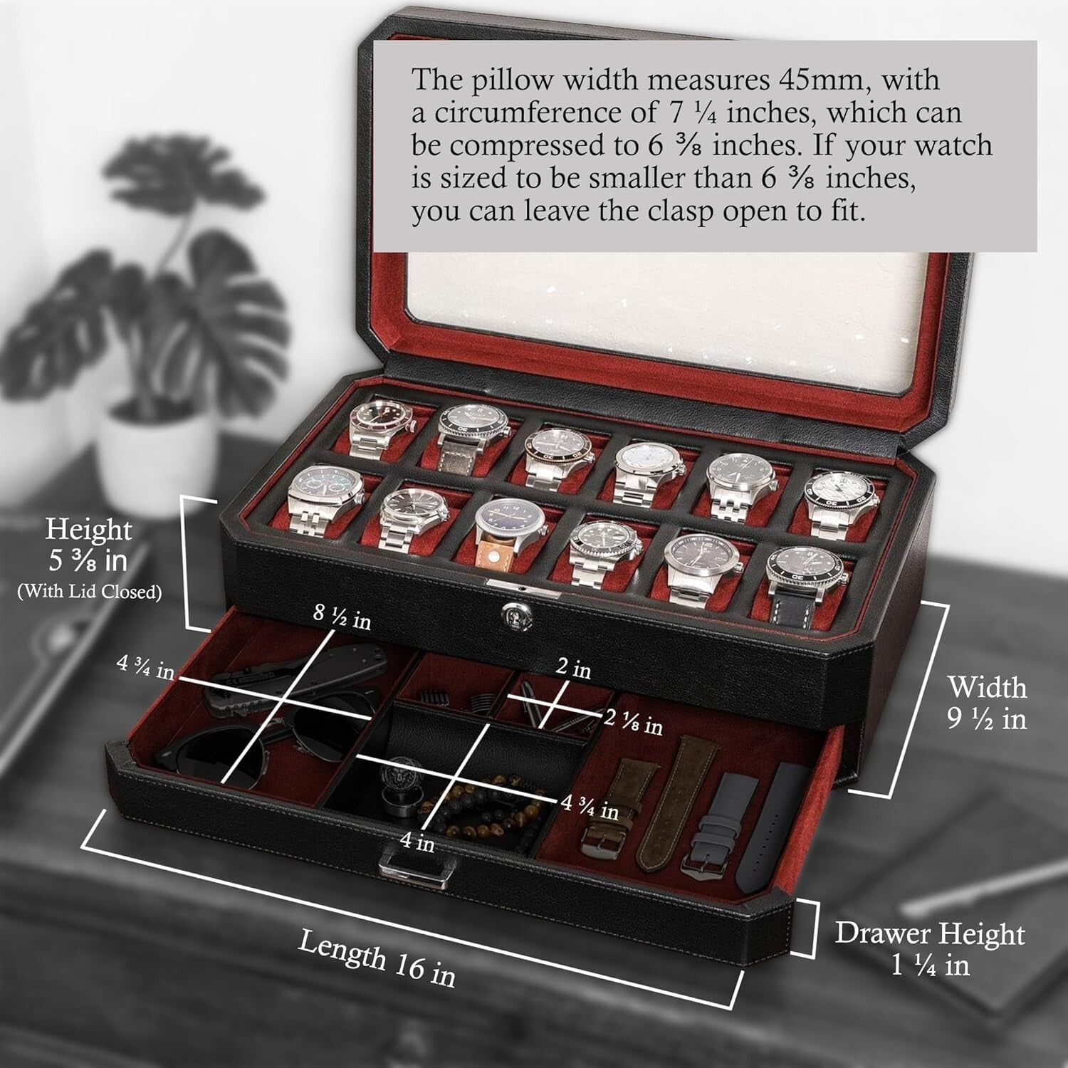 Stylish Black/Red Watch Storage Box with Key Lock & 12 Slots for Men & Women