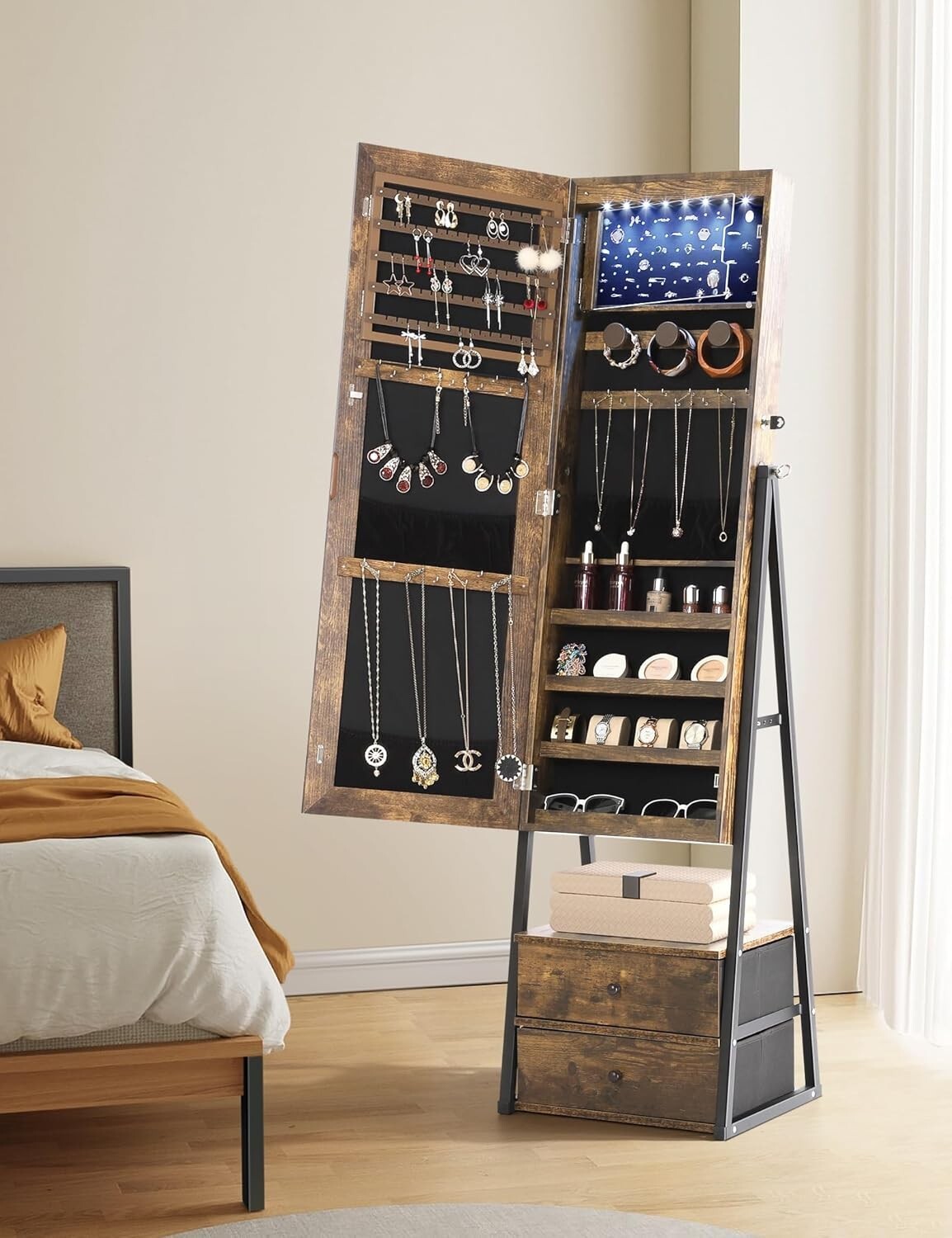 Full-Length Mirror Jewelry Cabinet with Velvet Compartments & 2 Drawers