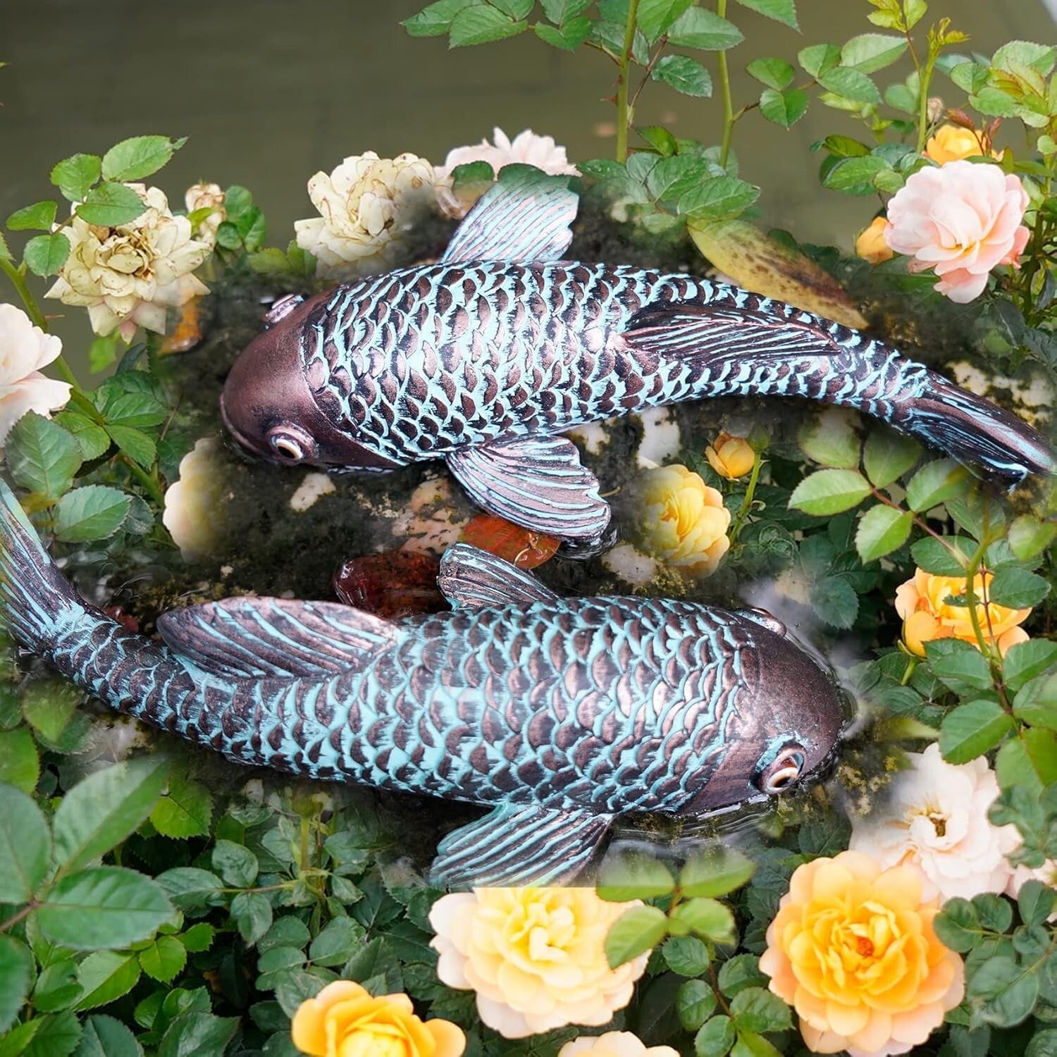 Set of 2 Antique Koi Fish Garden Sculptures - Elegant Resin Statues for Outdoors