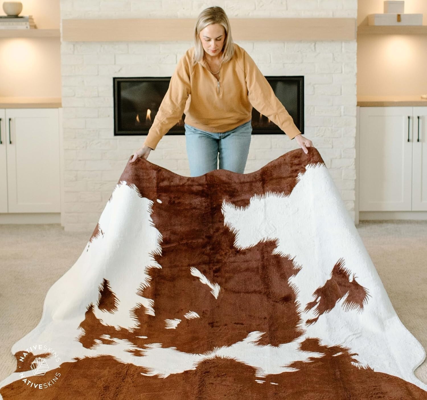Brown and White Faux Cow Print Area Rug - 6.2ft x 8.2ft for Modern Homes