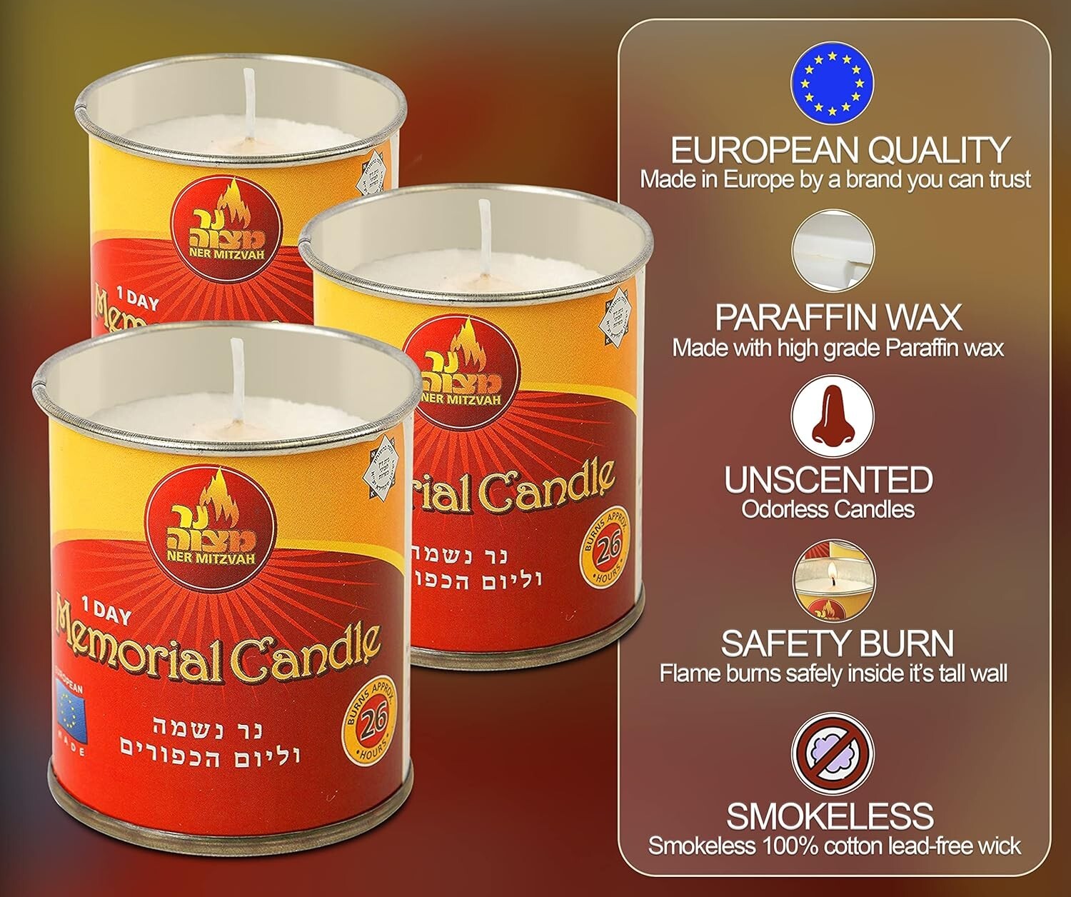 Elegant Unscented 24-Hour Yom Kippur Candle Set in Durable Tin Holders - 24 Pack