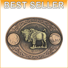 Load image into Gallery viewer, Montana-Made Gunmetal Cowboy Belt Buckle with Copper Buffalo Design