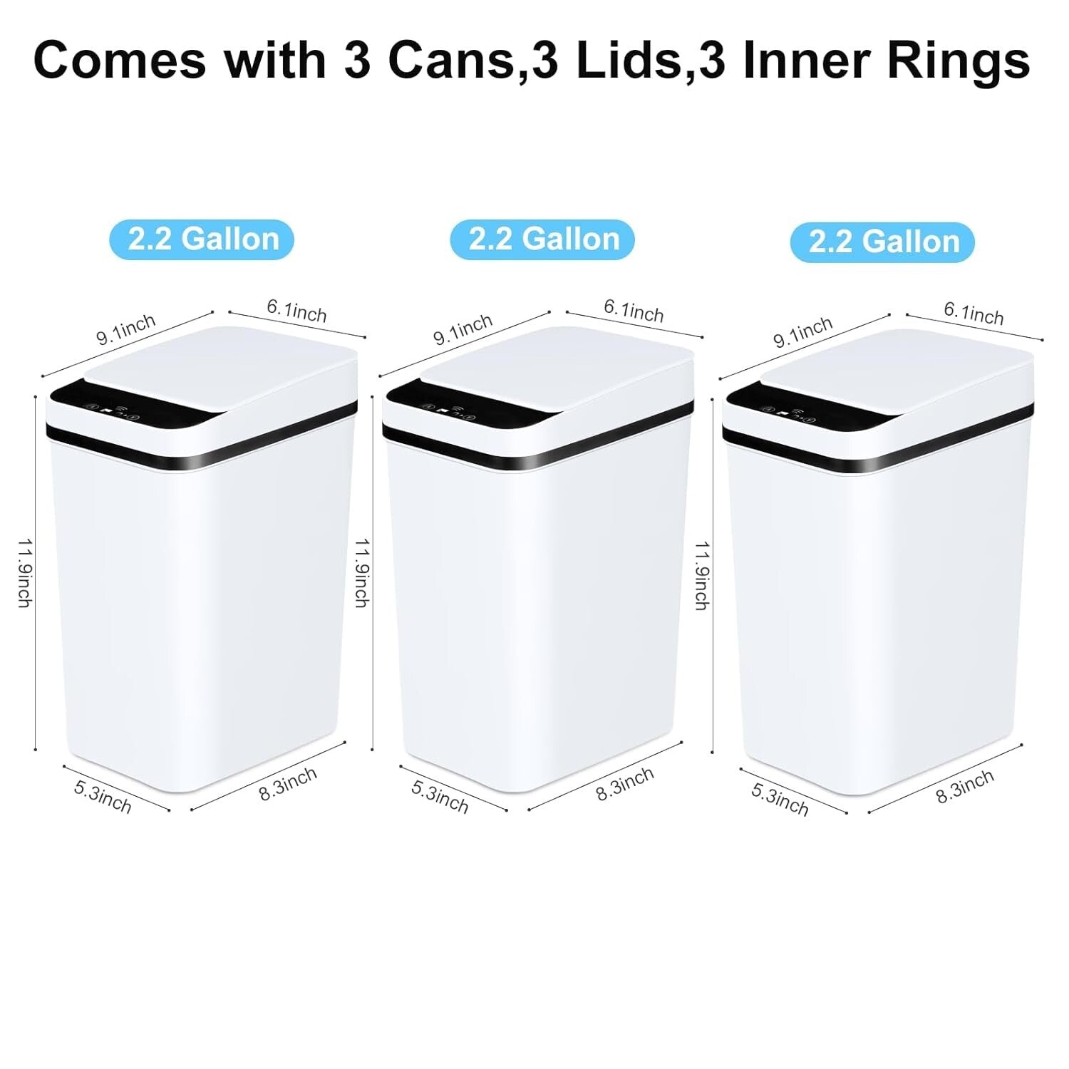 Sleek Touchless Trash Can 2.2 Gallon - Quiet, Leakproof & Stylish 3 Pack