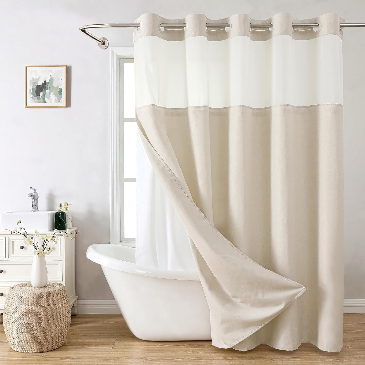 Elegant Cream Linen Shower Curtain with Snap-in Liner - 71WX86H Grommet Style