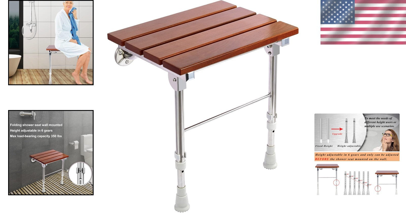 Height Adjustable Folding Shower Seat Wall-Mounted with Legs for Small Spaces