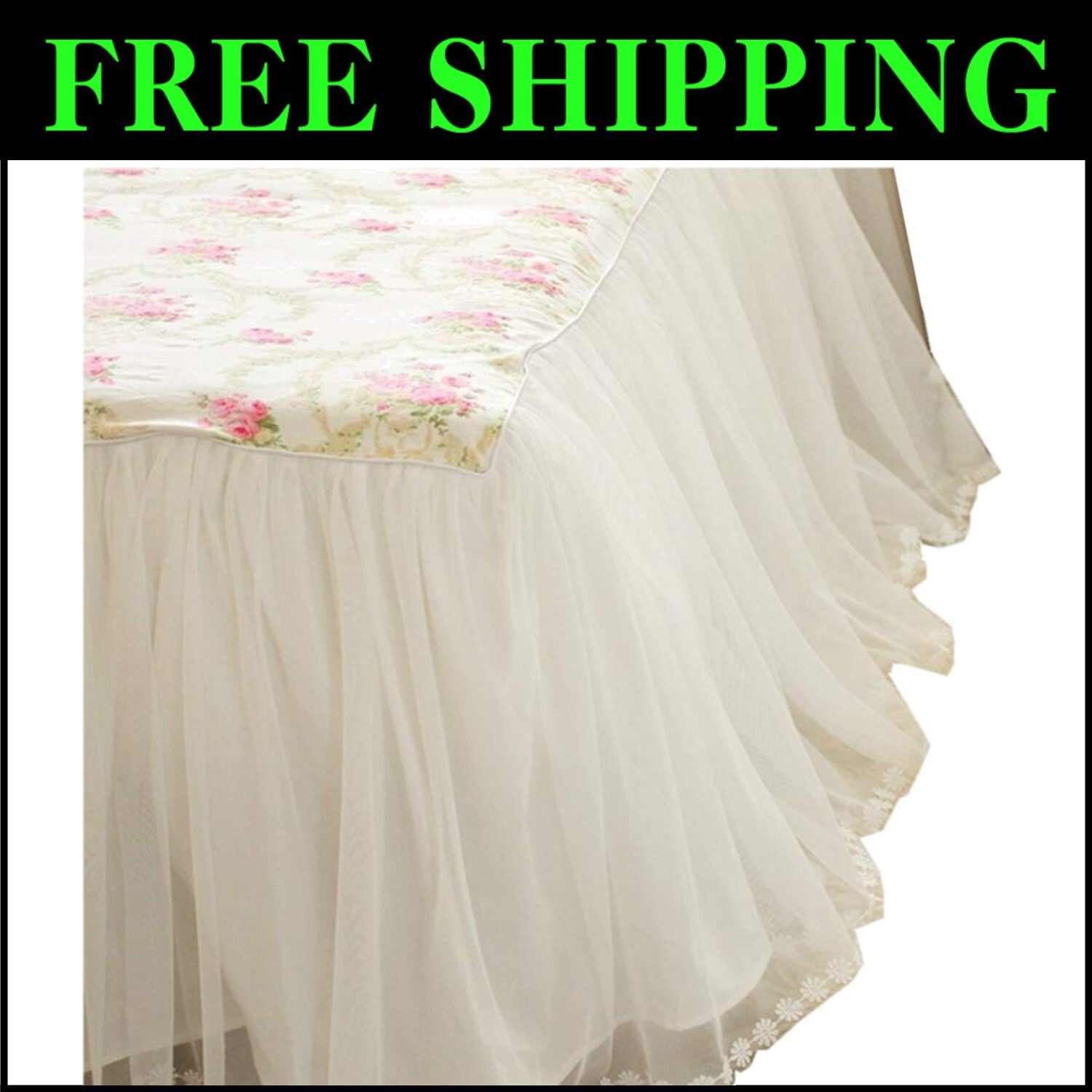 Chic Full Bed Skirt with 18 Inch Drop - Ruffled Cotton Lace & Floral Design