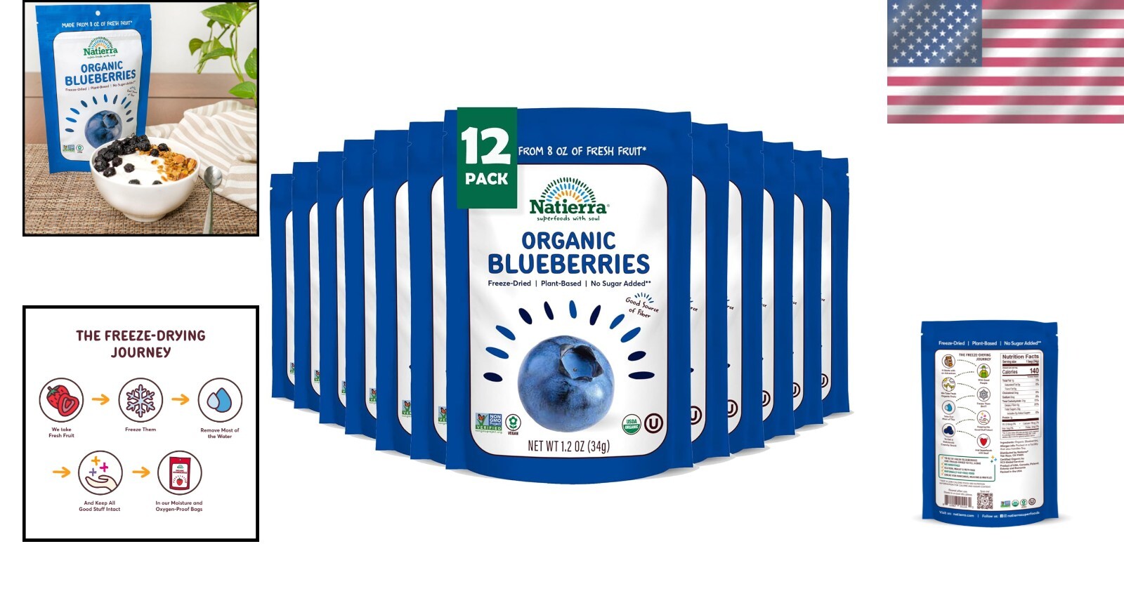 Delicious Freeze-Dried Organic Blueberries - Guilt-Free Vegan Pack (12 x 1.2 oz)