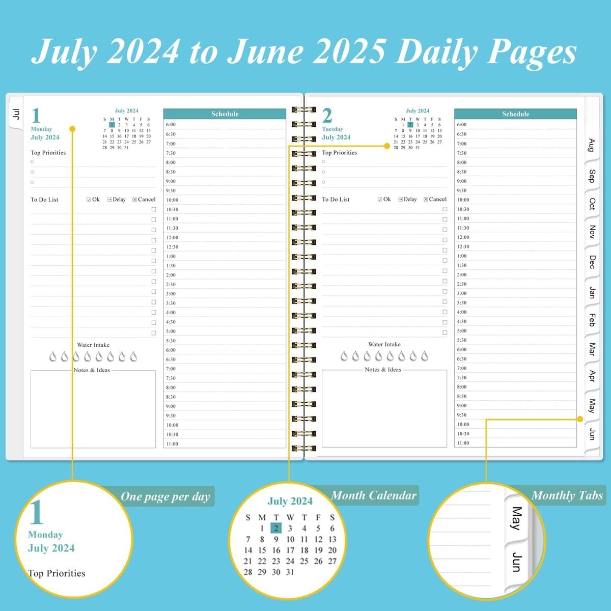 Elegant 2025-2026 Daily Planner with 12 Monthly Tabs - 11" x 8.5" Blue Design