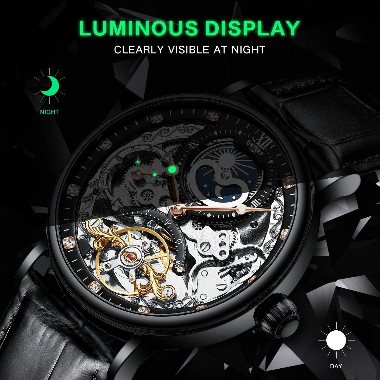 Men's Luxury Skeleton Automatic Watch with Luminous Hands & Moon Phase – Elegant