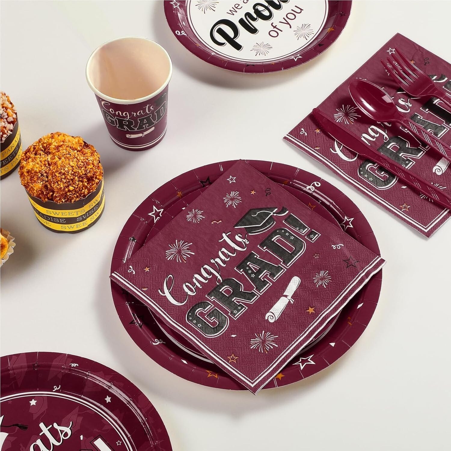 Elegant Maroon Graduation Dinnerware Set for Up to 50 Guests - Class of 2025