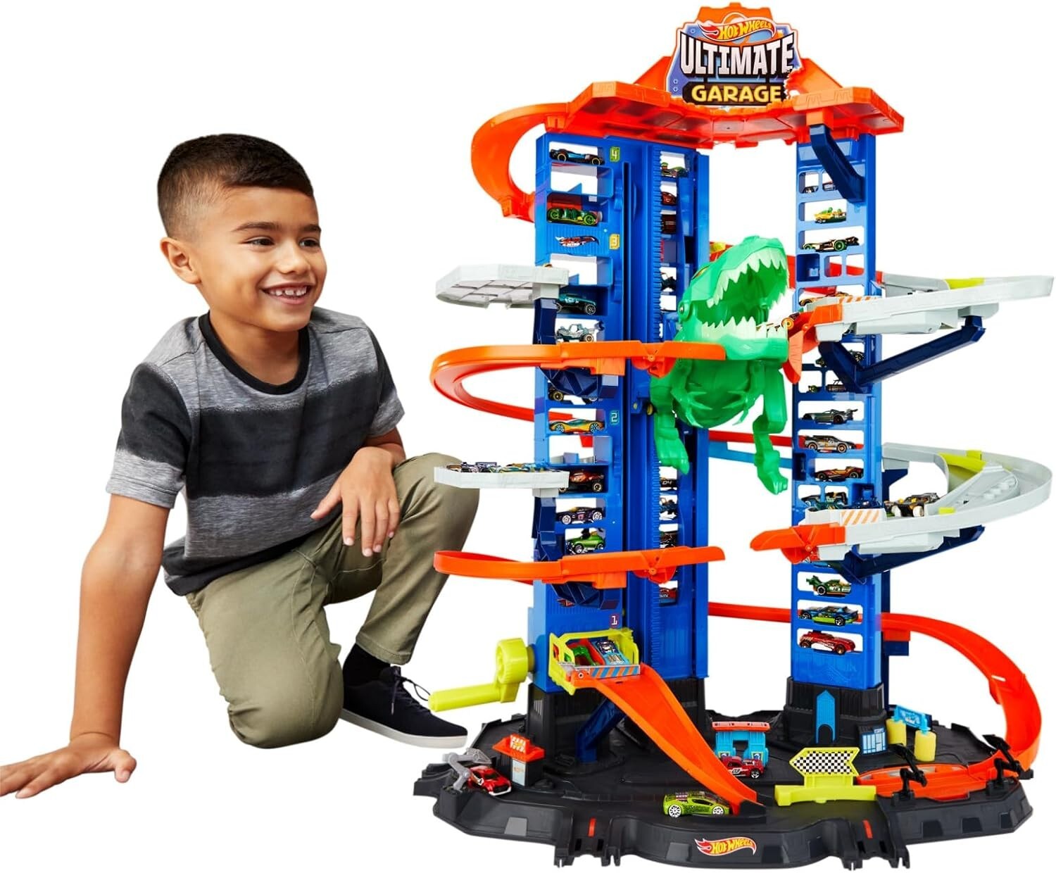 Ultimate City Toy Garage with T-Rex & 100+ Vehicle Parking – Fun Racing Playset