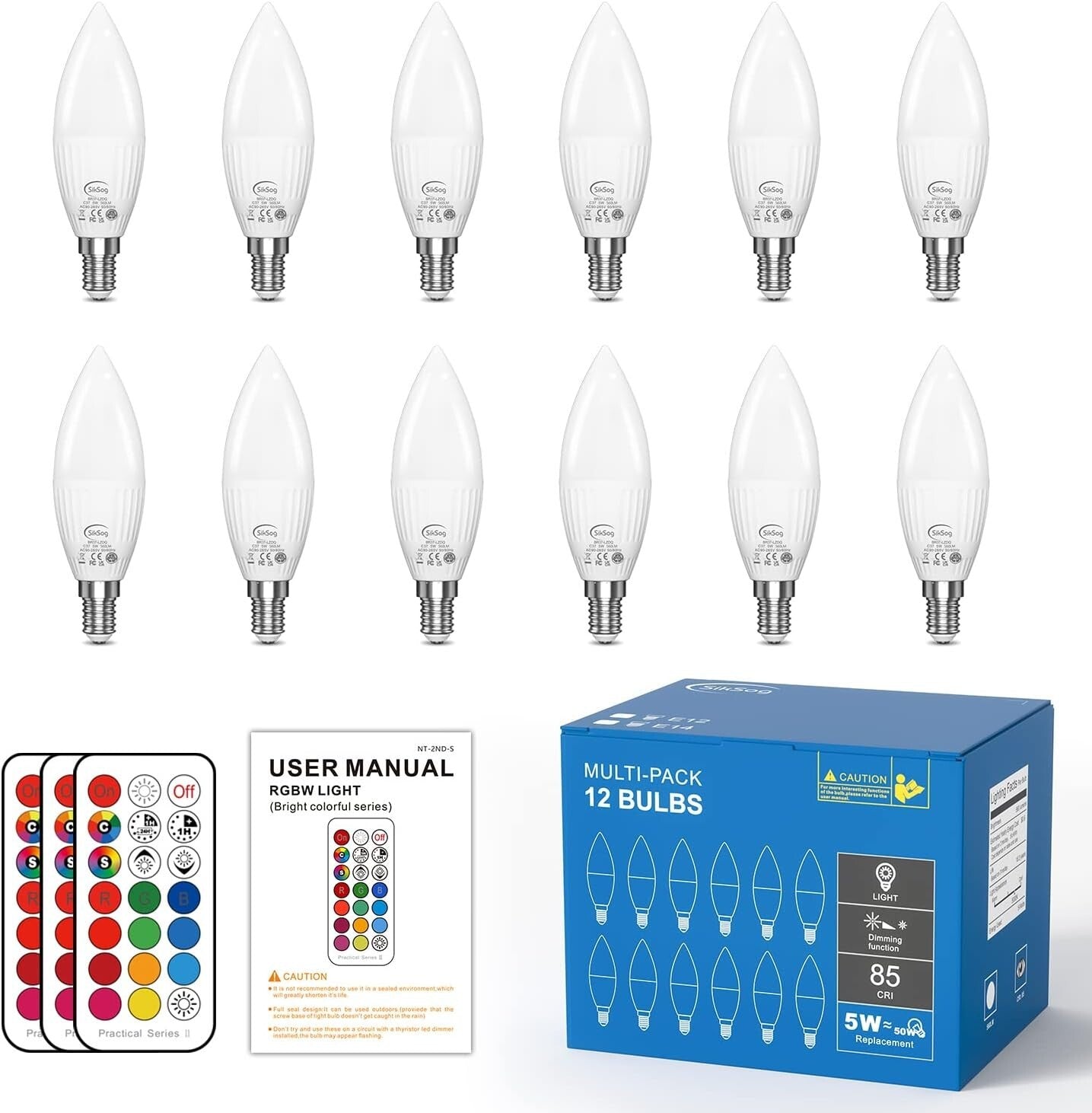 12-Pack Color Changing E12 LED Candelabra Bulbs with Remote Control - 560 Lumens