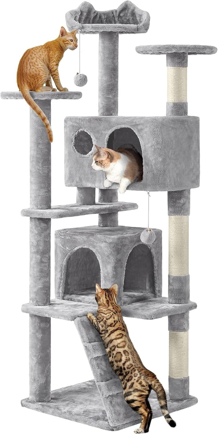Light Gray Cat Condo with Three Platforms & Scratching Posts - Easy Assembly