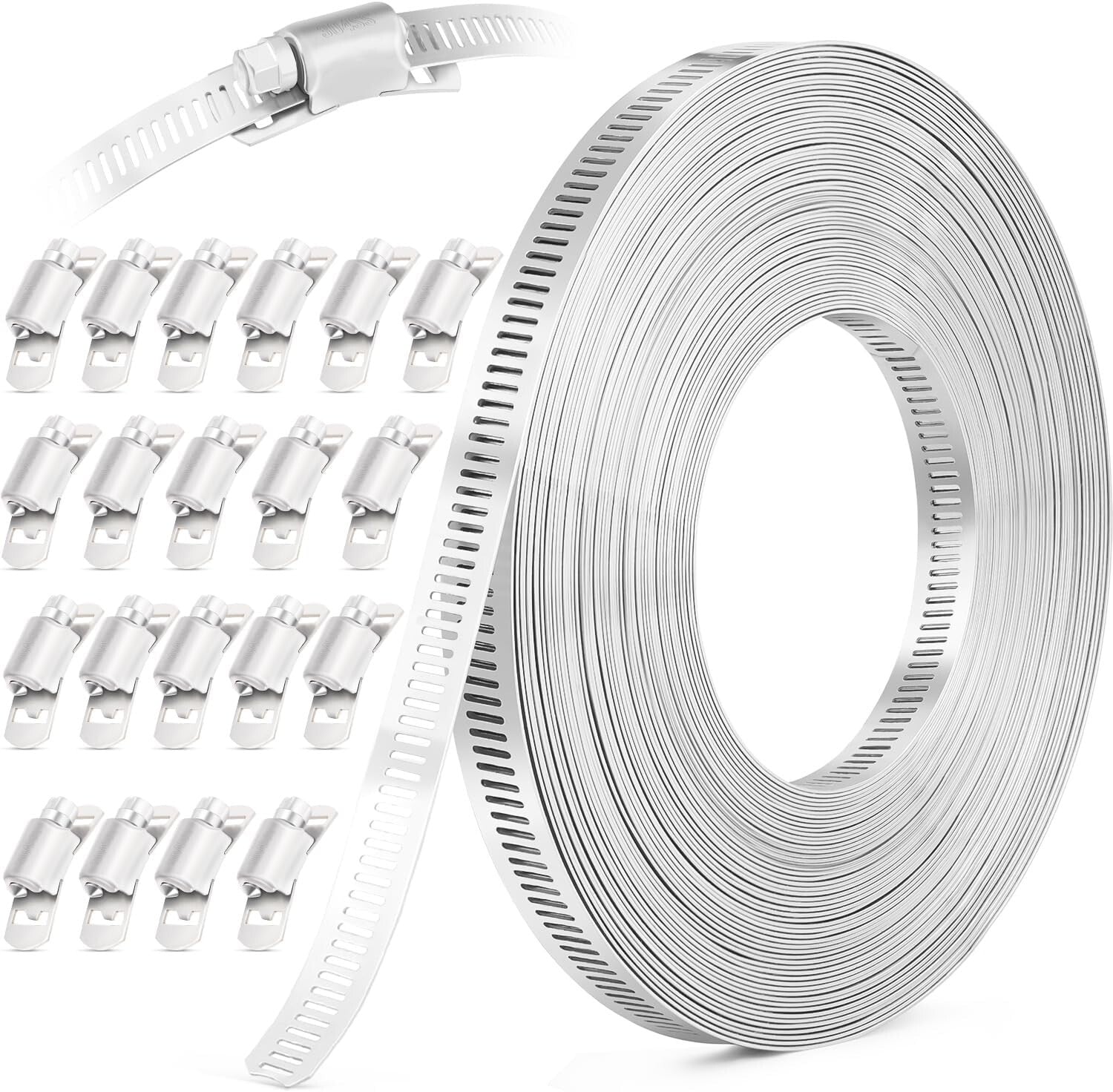 50FT Stainless Steel Hose Clamp Kit - Adjustable Metal Strapping & 20 Fasteners