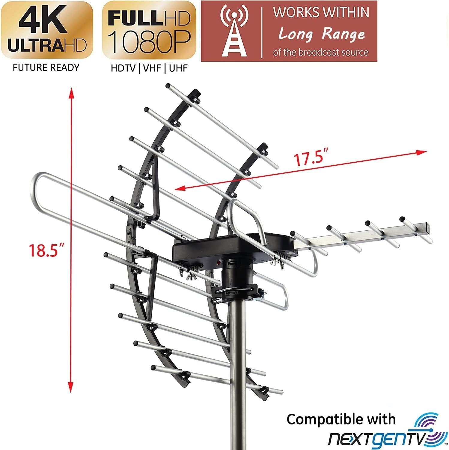 360-Degree Rotating Outdoor HD Antenna - 200 Miles with Mounting Pole Included
