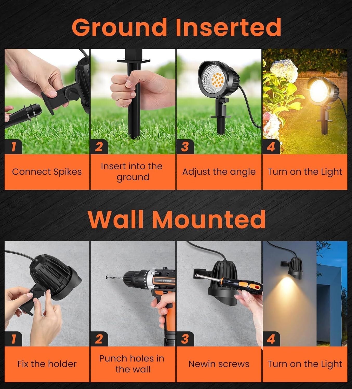 8-Pack Waterproof LED Landscape Lighting 7W 800lm Warm White Outdoor Spotlights