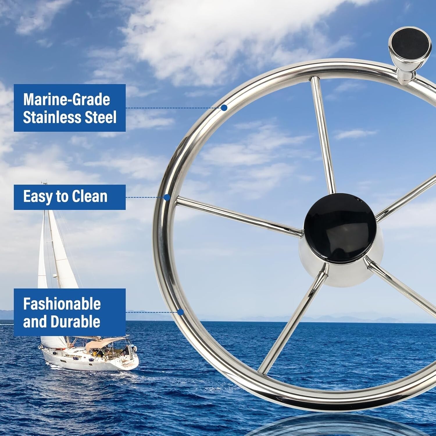 Premium 13.5-Inch Stainless Boat Steering Wheel - Polished Finish Included