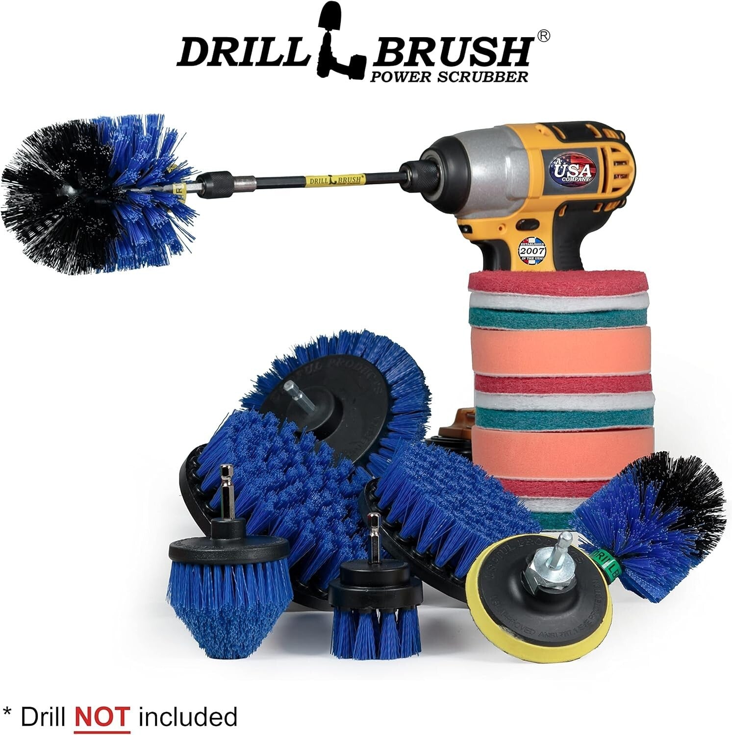 Professional 21-Piece Drill Brush Set with Blue Bristles for Pool and Boat Care