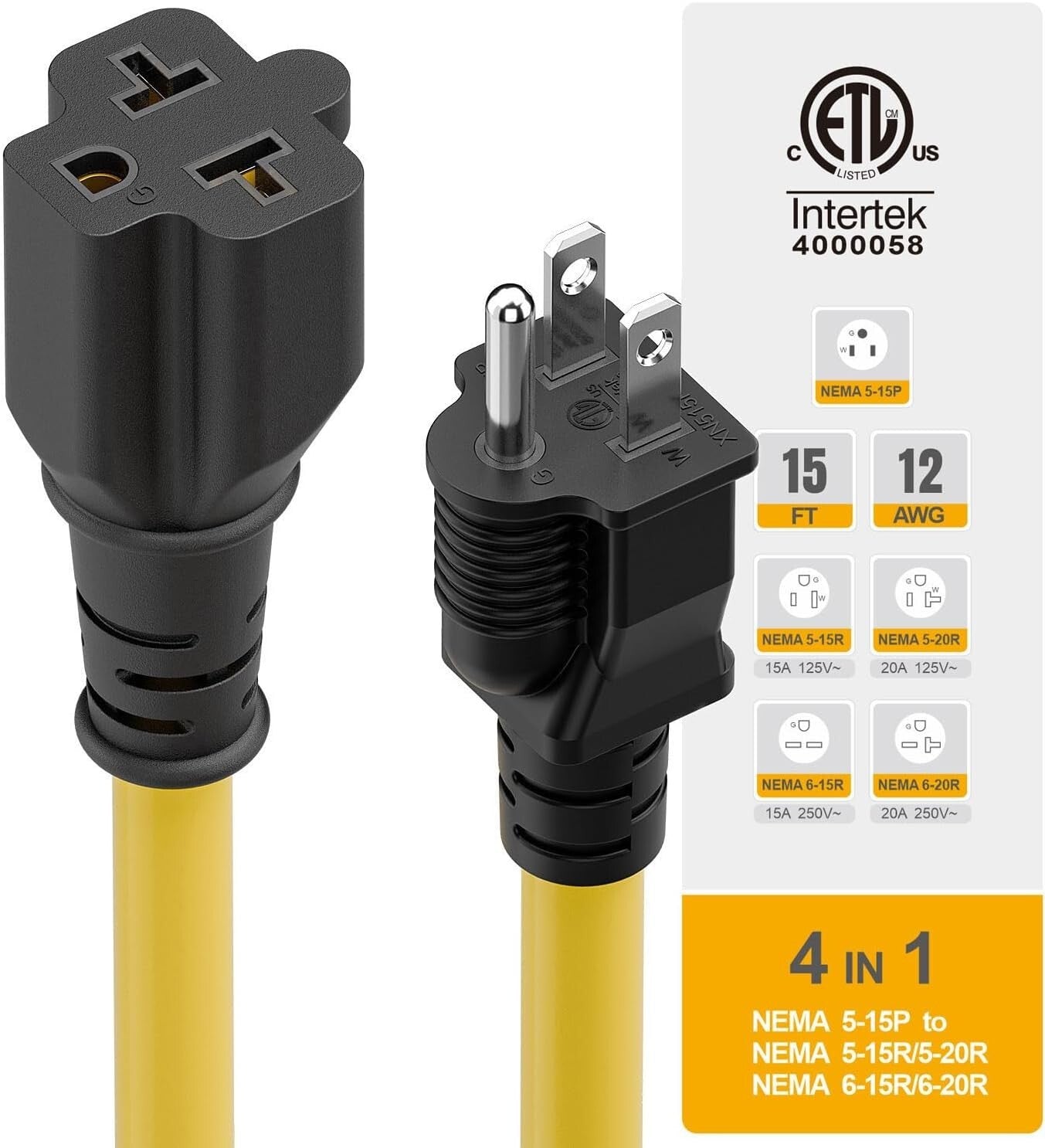 15FT NEMA 5-15P Adapter Cable - Heavy-Duty 12AWG for Versatile Power Needs
