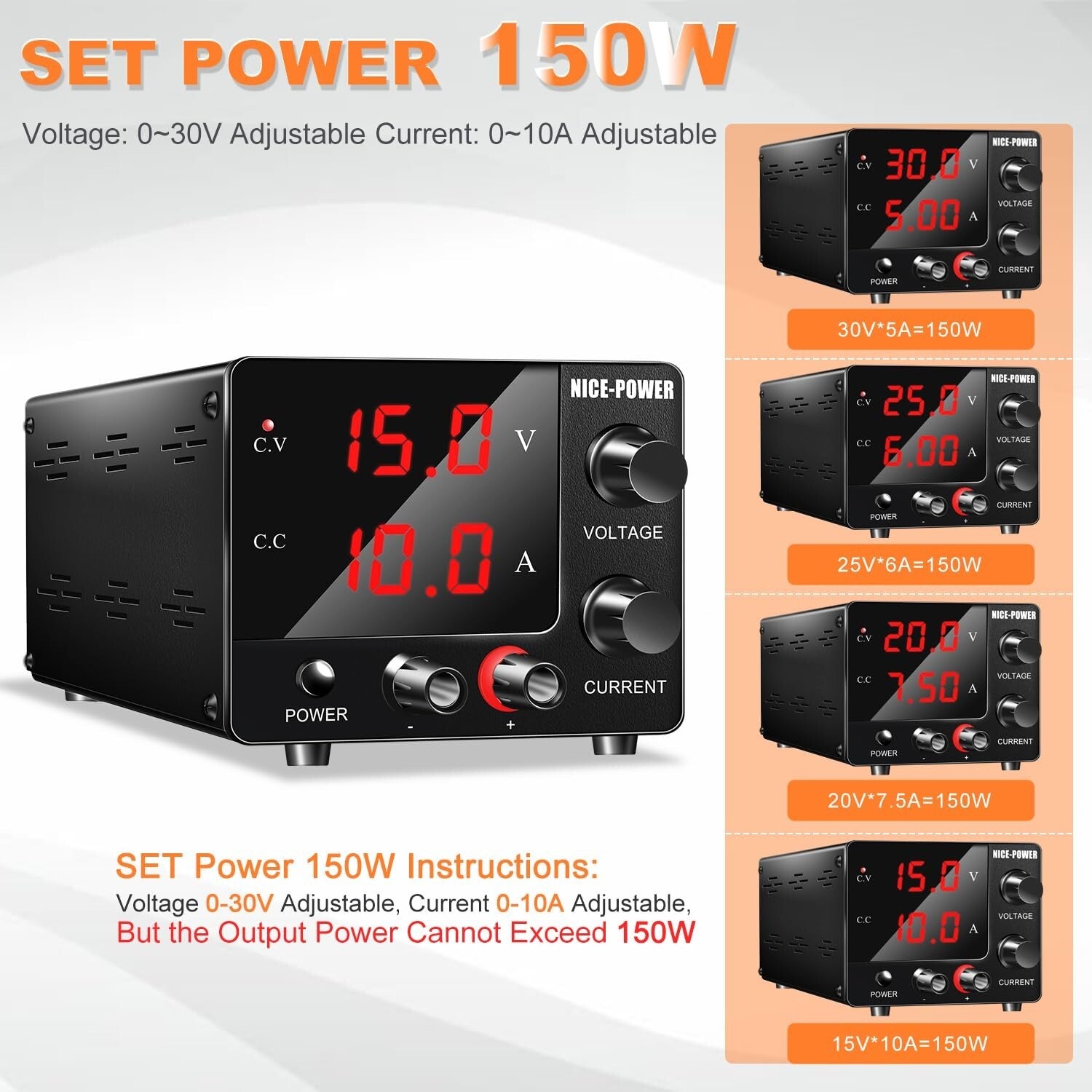 Compact 150W Benchtop DC Power Supply 0~30V with Precision Encoder Adjustment
