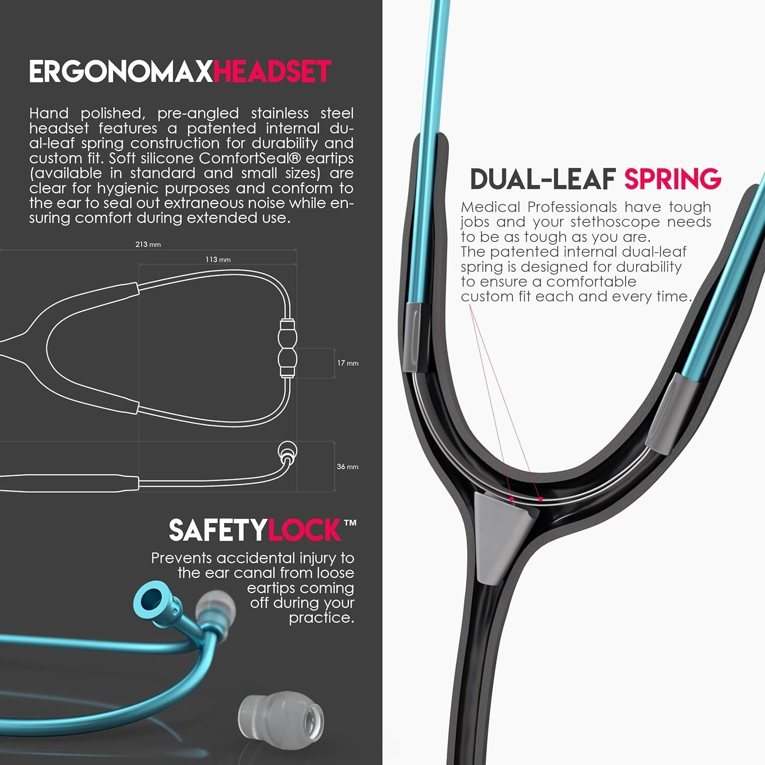Acoustica Lightweight Dual Head Stethoscope for Doctors and Nurses - Aqua/Black
