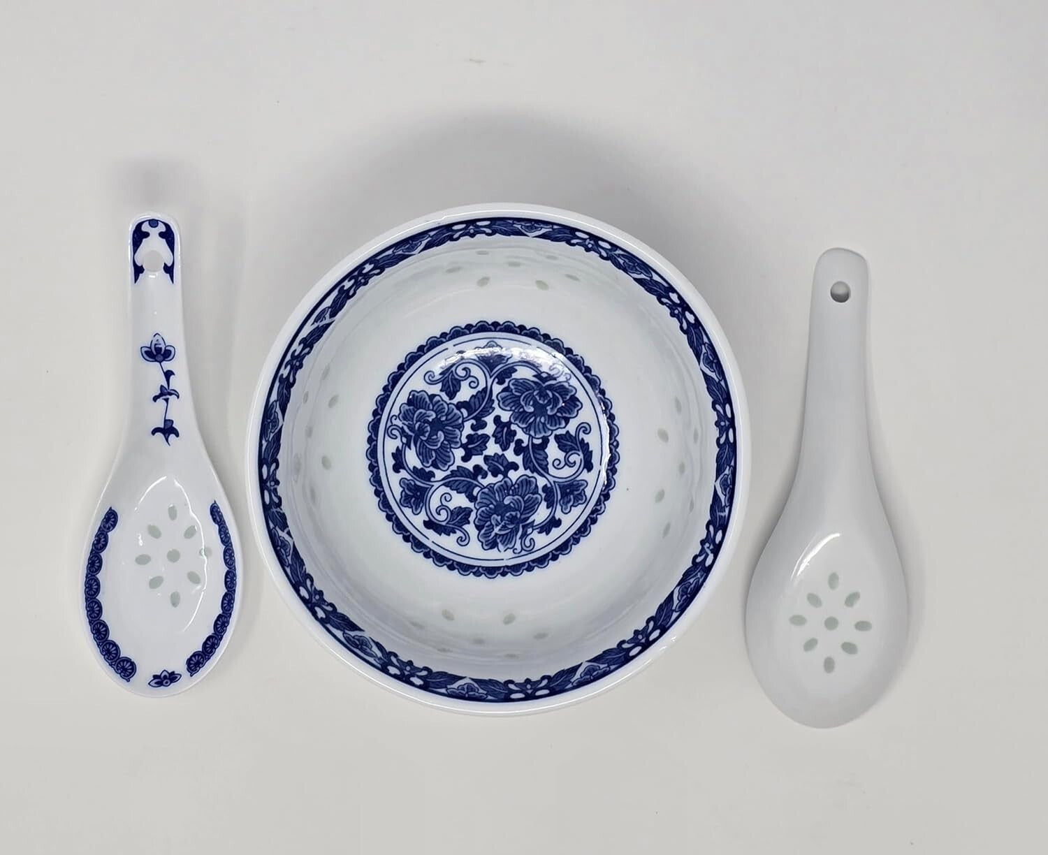 Elegant Blue & White Porcelain Bowls with Free Spoons - 10 pcs, 237ml Each