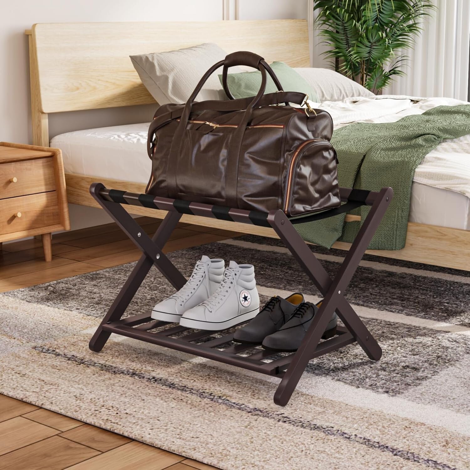 Fully Assembled Bamboo Luggage Rack with 5 Straps - Modern Guest Room Essentials