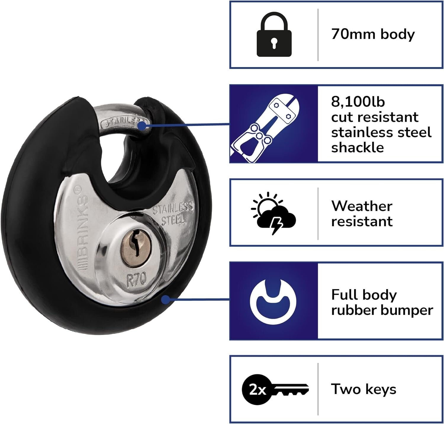 70mm Heavy Duty Security Padlocks with Keys - Cut Resistant & Scratch-Proof