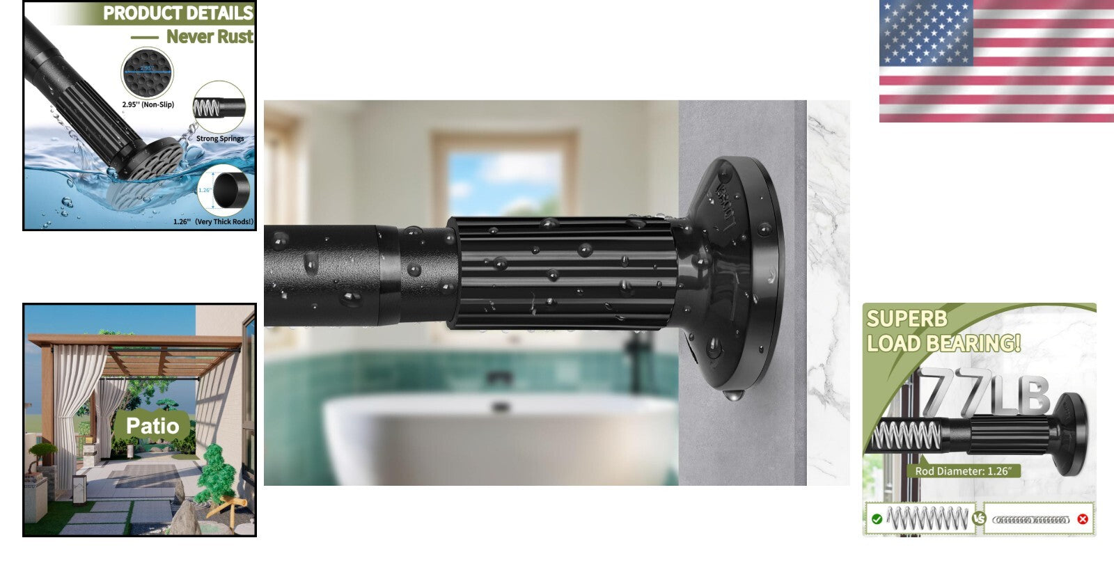 Adjustable No-Drill Tension Shower Curtain Rod 51-86 Inches - Rust-Resistant