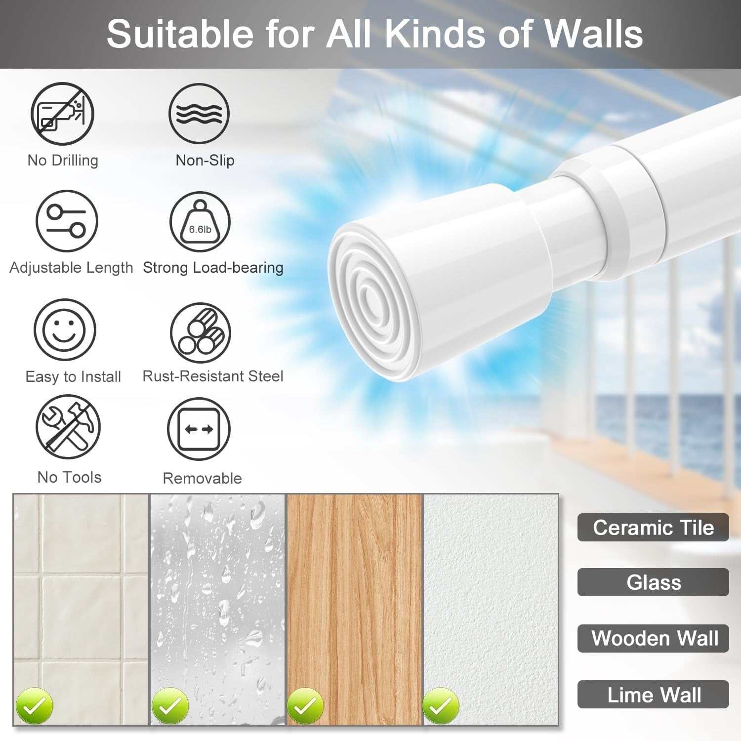 Premium Adjustable Tension Rods, Anti-Skid Ends & Easy Installation, 6-Pcs