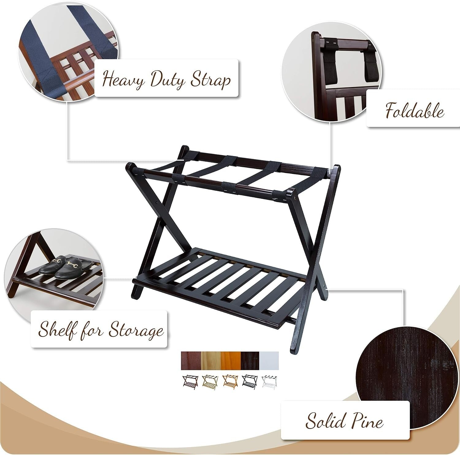 Elegant Walnut Luggage Rack - Sturdy Solid Wood with Convenient Double Levels