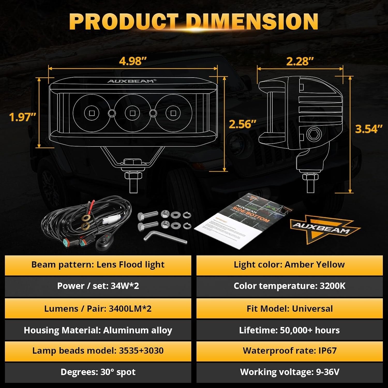 Compact Waterproof Amber LED Light Bar with Side Shooter - 68W Brightness