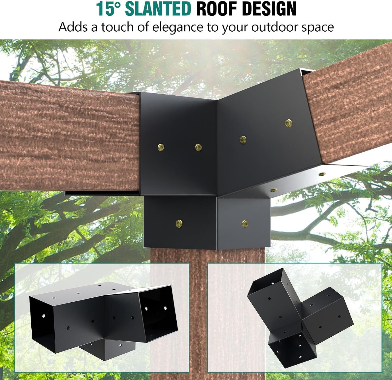 2 Pack Woodworks 15° 3-Way Corner Pergola Brackets - Quick Installation Kit