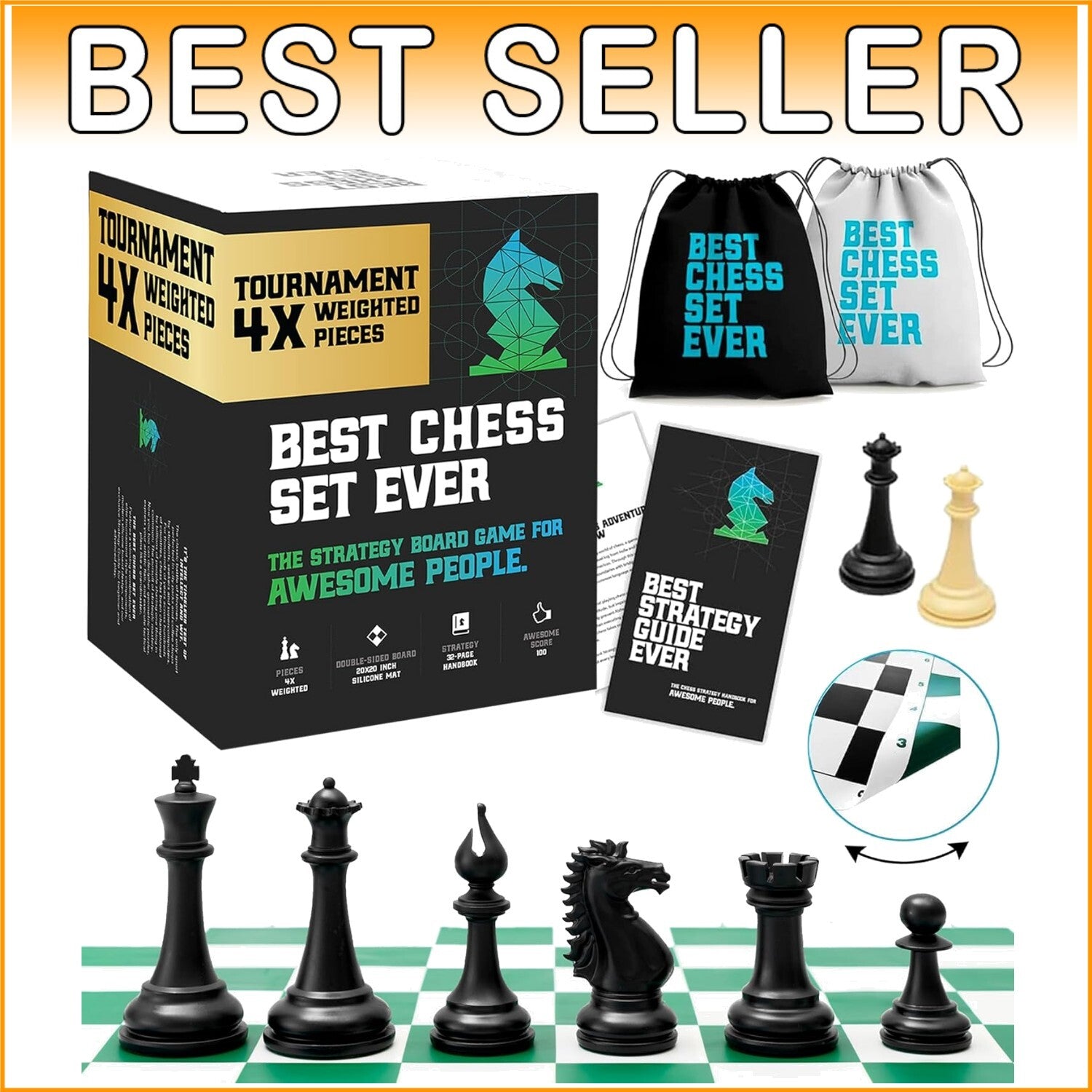 XL Quadruple Weighted Chess Set with Portable 20" Silicone Board - For All Ages