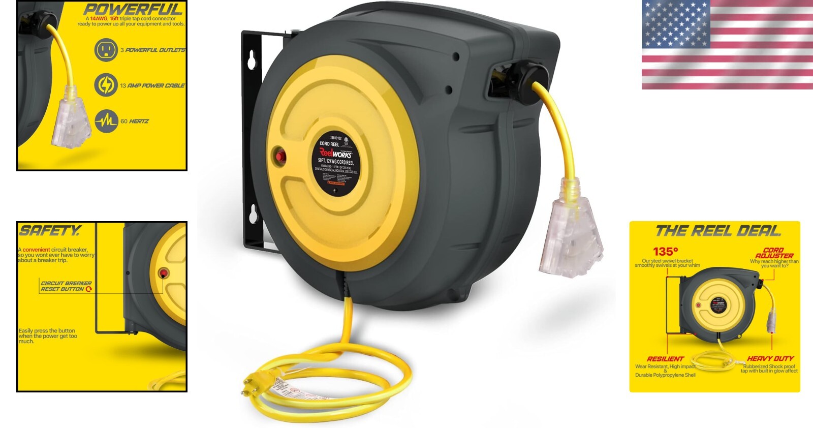 Durable 50ft SJTOW Extension Cord Reel - UV Resistant with Adjustable Stopper