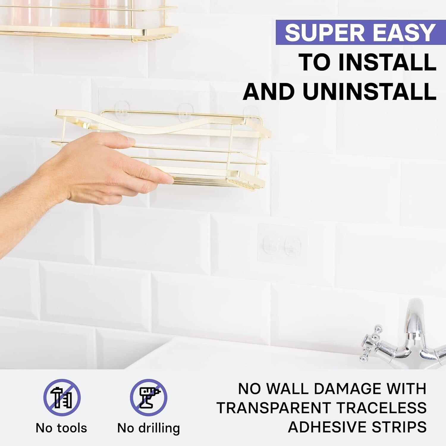 Elegant Gold Stainless Steel Shower Caddy - Self Adhesive Wall Mount Organizer