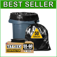 Load image into Gallery viewer, 3 Mil 55 Gallon Contractor Trash Bags - 50 Count Bulk for Tough Waste Disposal