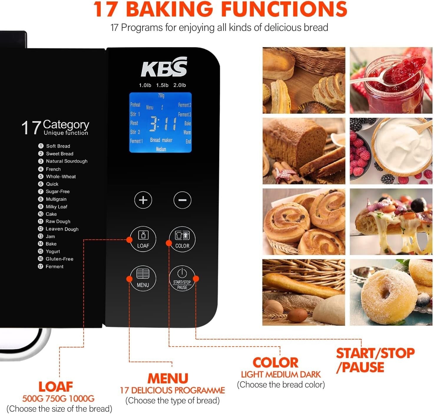 17-in-1 Stainless Steel Bread Maker with Dual Heaters & Auto Nut Dispenser