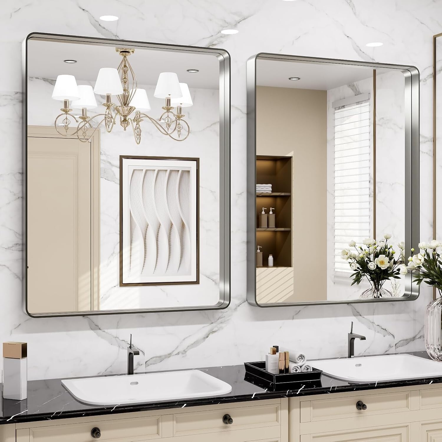 Elegant 28" x 36" Brushed Nickel Bathroom Mirror - Anti-Rust & Distortion-Free